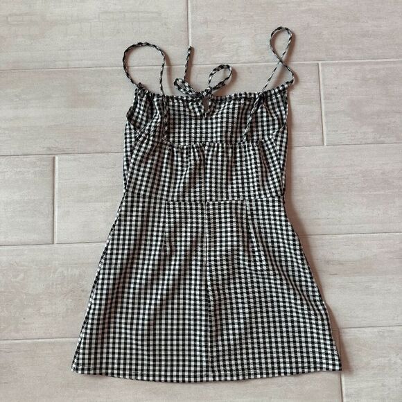 Gingham Mini Dress Black White Checkered Sleeveless Spaghetti Strap Back Zipper - Picture 2 of 6